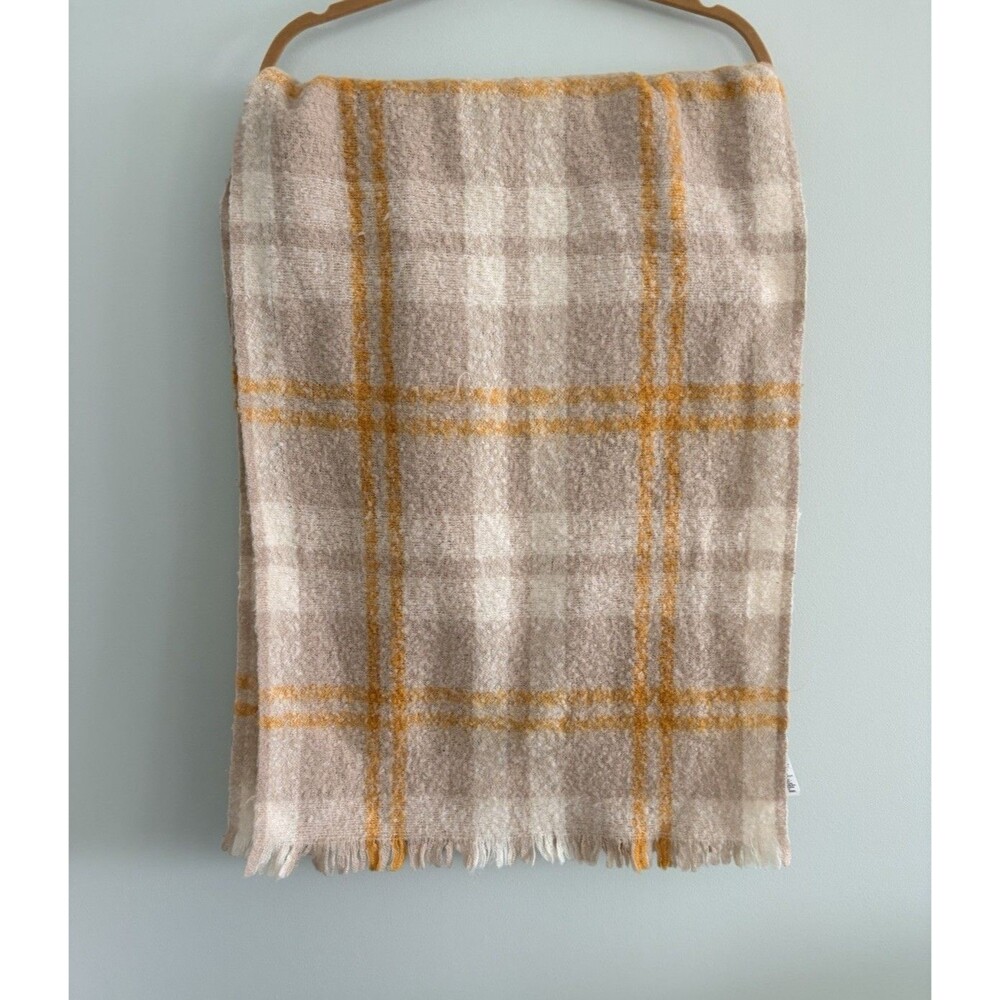 ALDO Scarf Beige Yellow Plaid Wrap Oversize Shawl Fringe Soft Classic Preppy